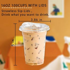 100 Sets Clear Plastic Cups With Strawless Sip Through Lids,Clear Crystal disposable plastic cups,smoothie cups